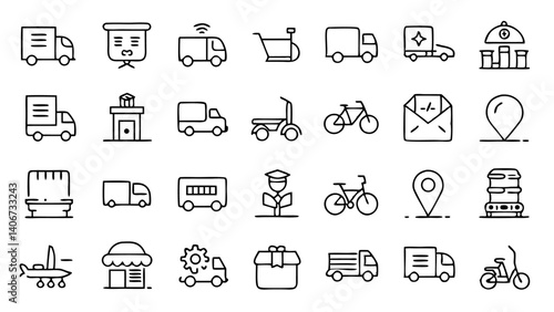 Creative set of linear style outline icons covering delivery logistics and shipping operations perfect for user interfaces in ecommerce or transport systems