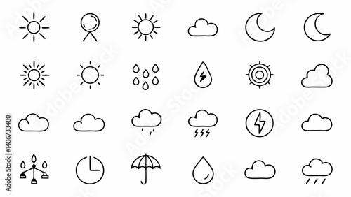 Creative pack of linear weather icons including various climate conditions atmospheric changes and temperature elements designed in a sleek outline format