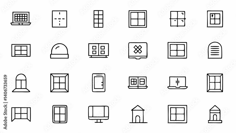 Elegant set of window themed outline icons representing different window types designs and architectural elements ideal for interior design or renovation projects Elegant set of window themed outline icons representing different window types designs and architectural elements ideal for interior design or renovation projects