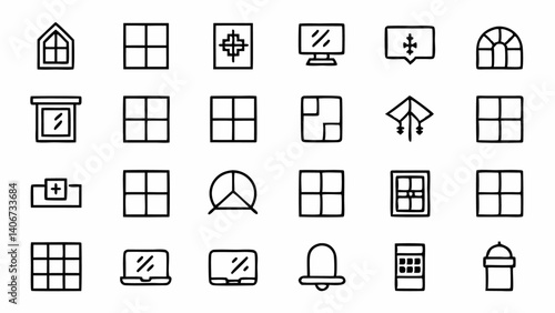 Modern set of window themed linear icons including classic and modern window designs for use in architectural presentations infographics or web design
