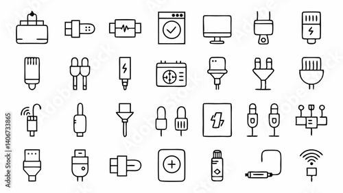 Minimal cable and wire linear icons perfect for technology electronic devices installations and infrastructure related visual content with modern outline styling