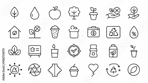 Sustainable zero waste lifestyle themed outline icons promoting eco friendly habits recycling reuse composting and green living in a clean linear icon design