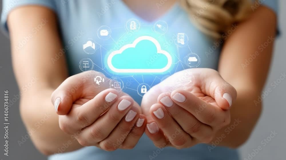 Cloud Computing in Hands: A woman gently cradles a glowing digital cloud symbol in her open palms, representing the concept of secure and accessible cloud computing. Cloud Computing in Hands: A woman gently cradles a glowing digital cloud symbol in her open palms, representing the concept of secure and accessible cloud computing.