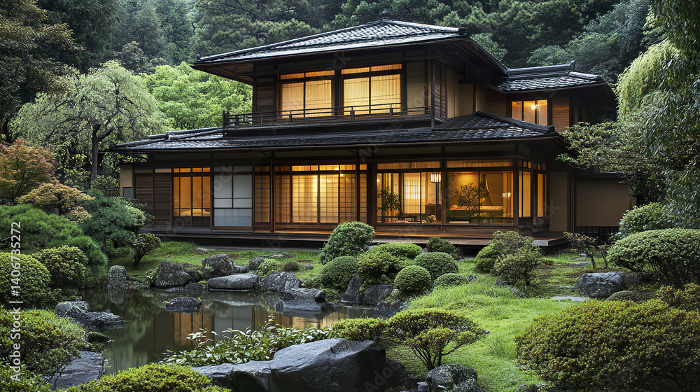 Fototapeta premium Japanese style house with natural materials and serene garden setting