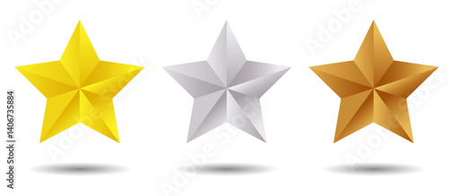 A set of gold, silver and bronze stars floating in the air