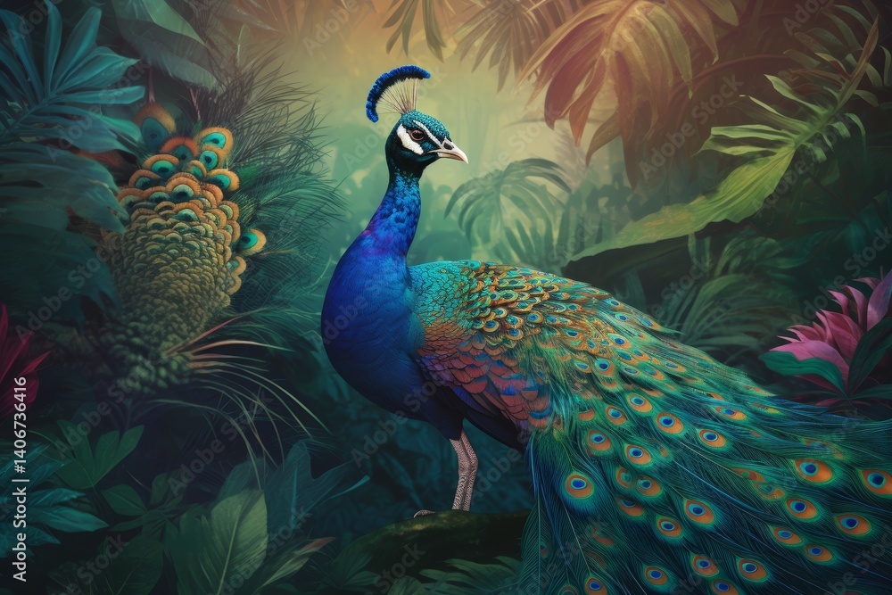 Fototapeta premium A peacock with holographic feathers in a lush jungle 