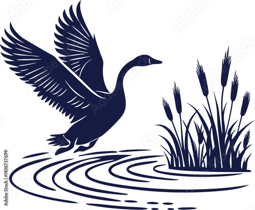 Goose taking off from water logo vector illustration, hunting bird logo, duck hunt logo, Canada Goose Flying vector art