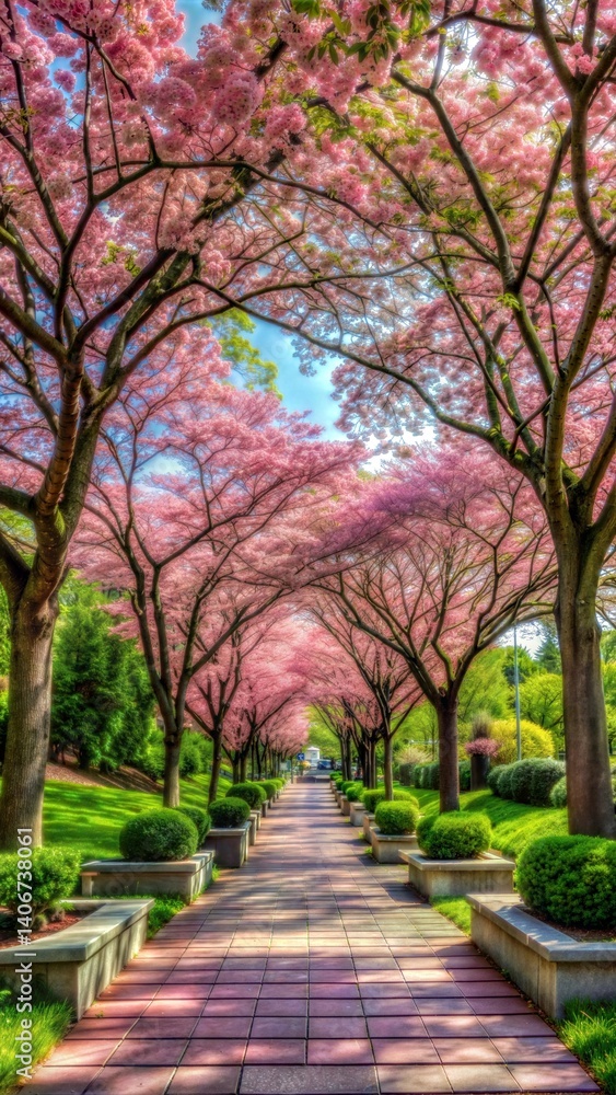 Enchanting Pathway Canopy of Cherry Blossoms in a Serene Park Setting Enchanting Pathway Canopy of Cherry Blossoms in a Serene Park Setting
