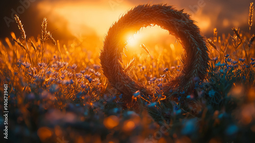 Sun Wreath in Blooming Field at Sunset – Inti Raymi Symbolism, Ai Generated Images.