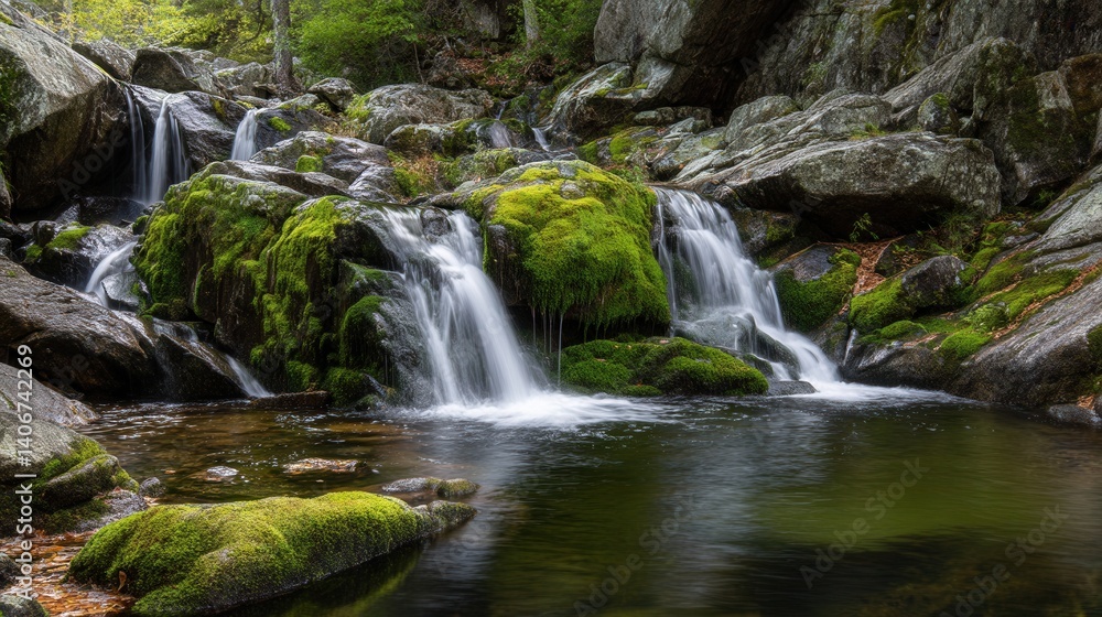 A beautiful waterfall cascades over moss-covered rocks, creating a peaceful atmosphere in a serene forest. Crystal-clear water flows gently into a still pool, enhancing the natural beauty A beautiful waterfall cascades over moss-covered rocks, creating a peaceful atmosphere in a serene forest. Crystal-clear water flows gently into a still pool, enhancing the natural beauty