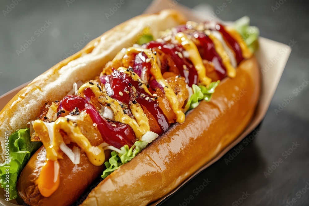 Hot dog in bun, toppings Hot dog in bun, toppings
