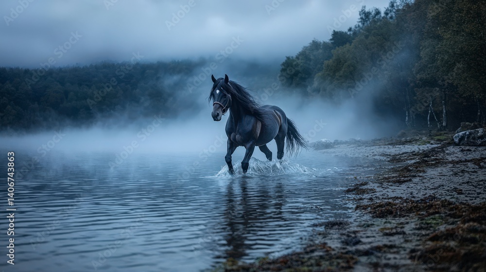 A haunting kelpie galloping across a foggy lake nature photography ethereal atmosphere mystical landscape A haunting kelpie galloping across a foggy lake nature photography ethereal atmosphere mystical landscape