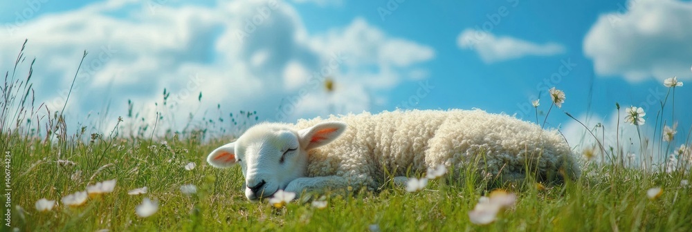 Fototapeta premium Soft sheep resting on a hill beneath a floral sky during a peaceful spring afternoon in Lapki