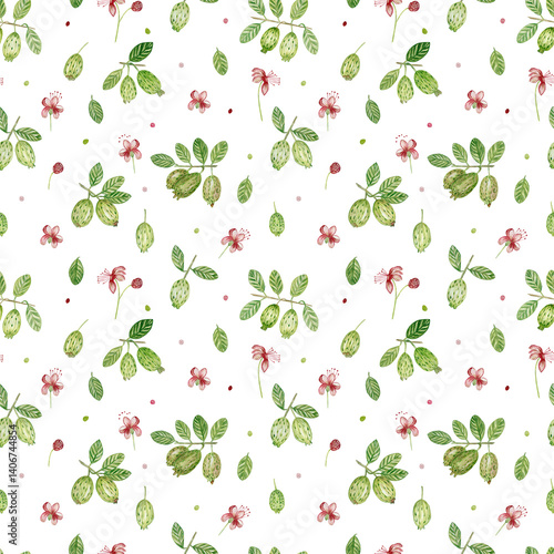Watercolor seamless pattern with feijoa fruits, flowers, feijoa leaves. For printing on fabric, wallpaper, paper, curtains, prints, wrapping paper.