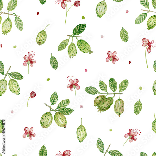 Watercolor seamless pattern with feijoa fruits, flowers, feijoa leaves. For printing on fabric, wallpaper, paper, curtains, prints, wrapping paper. 2025 year