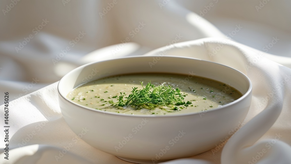 Smooth Asparagus Soup Garnished With Fresh Herbs in a White Bowl Ready to Be Enjoyed During a Cozy Mealtime. Smooth Asparagus Soup Garnished With Fresh Herbs in a White Bowl Ready to Be Enjoyed During a Cozy Mealtime.