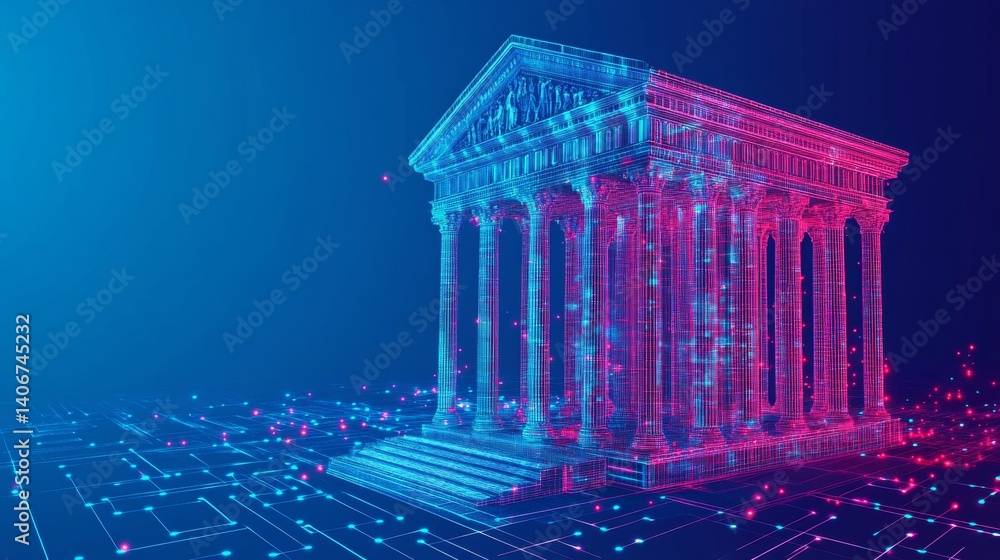 Obraz premium Neon Fintech Cityscape Neoclassical Bank In Virtual Reality, Symbolizing Digital Transformation