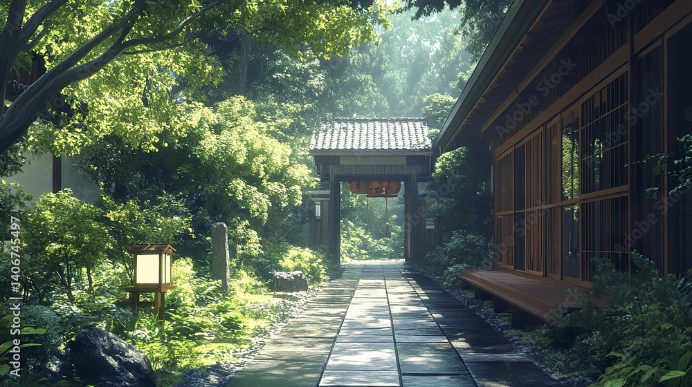 serene Japanese garden path with lush greenery and traditional architecture serene Japanese garden path with lush greenery and traditional architecture