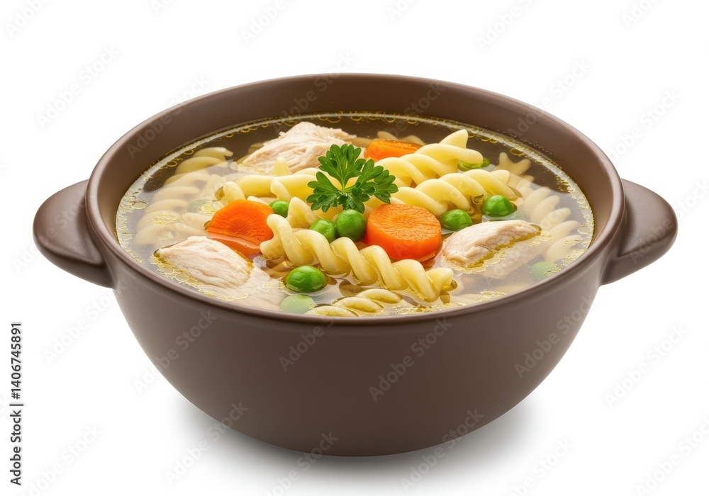 Chicken noodle soup with vegetables in white bowl isolated on white background Chicken noodle soup with vegetables in white bowl isolated on white background