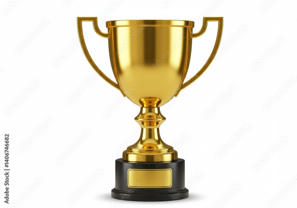 Shiny golden trophy cup with ornate handles isolated on white background Shiny golden trophy cup with ornate handles isolated on white background