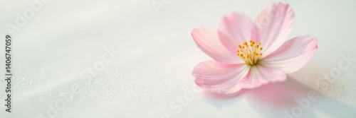 Delicate flower on crisp white with subtle shadows, peaceful, soft focus, blossom