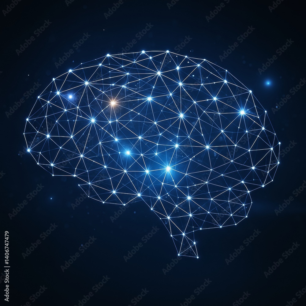 Glowing neural network brain symbol made of connected blue light nodes on dark background representing modern mind and brainstorming concept.