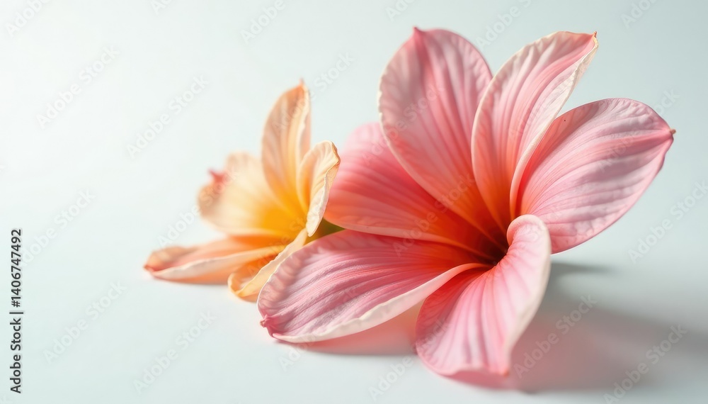 Delicate flower petals unfolding on a white surface, plant, bloom Delicate flower petals unfolding on a white surface, plant, bloom