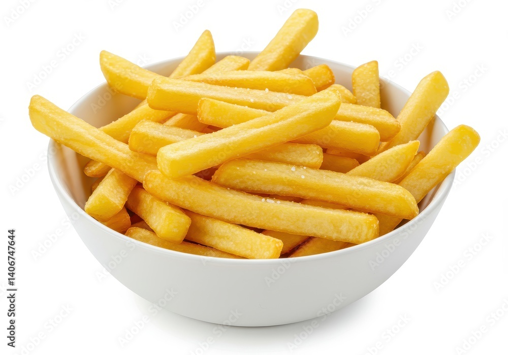 Crispy golden French fries in white ceramic bowl on white background Crispy golden French fries in white ceramic bowl on white background