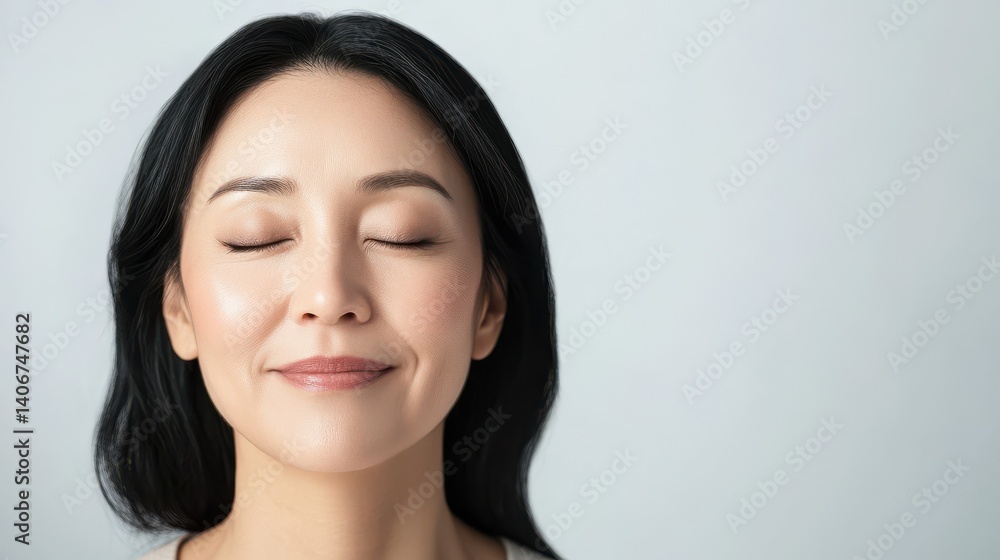 Portrait of gorgeous happy middle aged mature cheerful asian woman, senior older 50s lady pampeher hair eyes closed isolated on white. Ads of lifting anti wrinkle skin hair care spa. Copy space. Portrait of gorgeous happy middle aged mature cheerful asian woman, senior older 50s lady pampeher hair eyes closed isolated on white. Ads of lifting anti wrinkle skin hair care spa. Copy space.