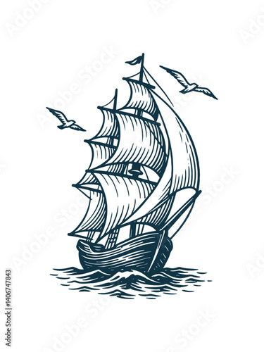 Old sailing ship with seagulls, vintage engraving illustration
