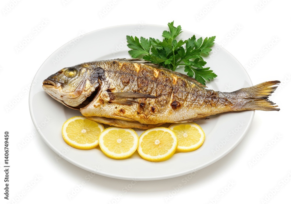 Whole grilled fish on white plate garnished with lemon and herbs isolated on white background Whole grilled fish on white plate garnished with lemon and herbs isolated on white background