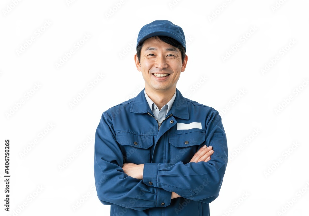 Smiling male worker in blue uniform with arms crossed isolated on white background Smiling male worker in blue uniform with arms crossed isolated on white background