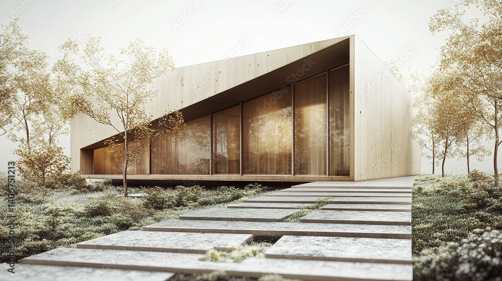 Fototapeta premium Modern wooden house with large windows and minimalist design