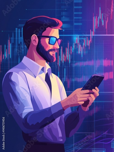 Male trader investor broker crypto analyst holding smartphone in hand analyzing stock market trading charts indexes data checking price using mobile stockmarket exchange app, over shoulder view. illu