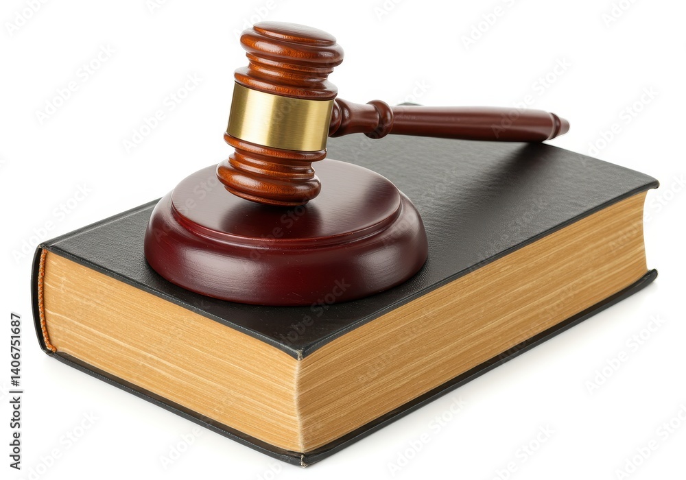 Wooden gavel resting on law book symbolizing justice isolated on white background Wooden gavel resting on law book symbolizing justice isolated on white background