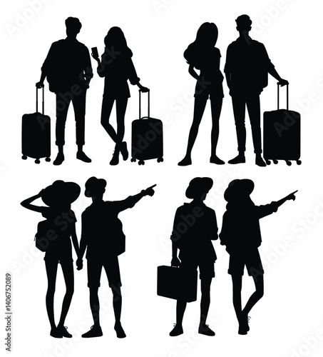 silhouettes of couples traveler with suitcase and backpack