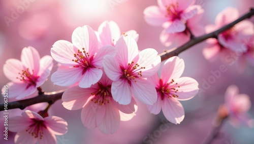 Delicate pink sakura blossoms, full bloom, intricate pattern, romantic, pastel
