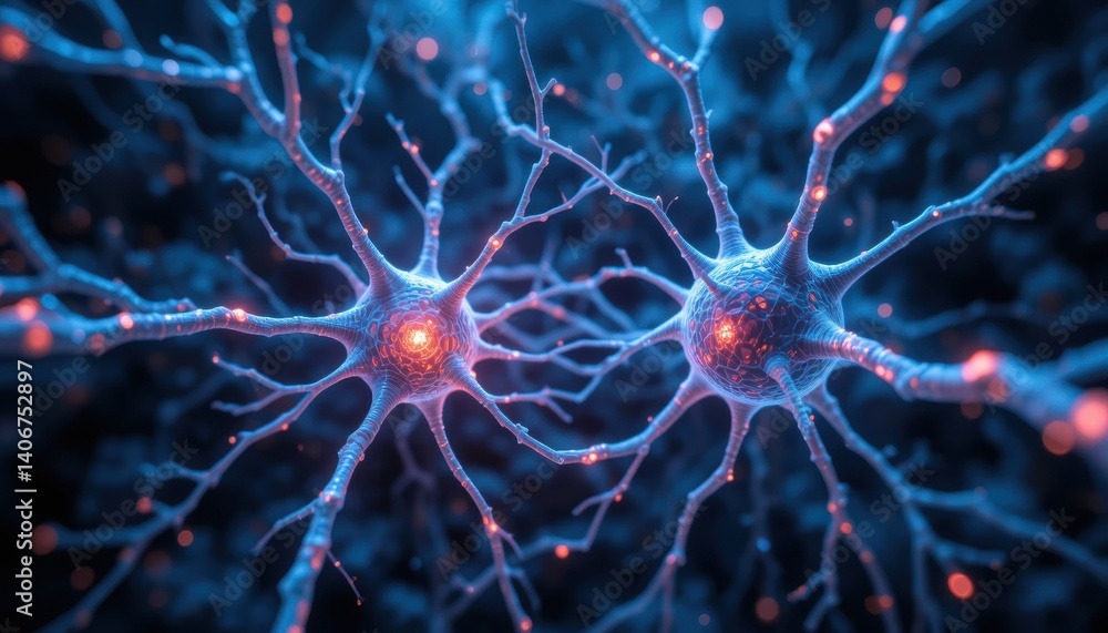 Obraz premium Microscopic Neural Network: Glowing Synaptic Connections