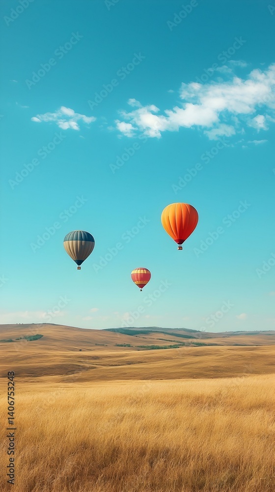 Fototapeta premium Three hot air balloons soaring over a vast, golden field under a vibrant blue sky.