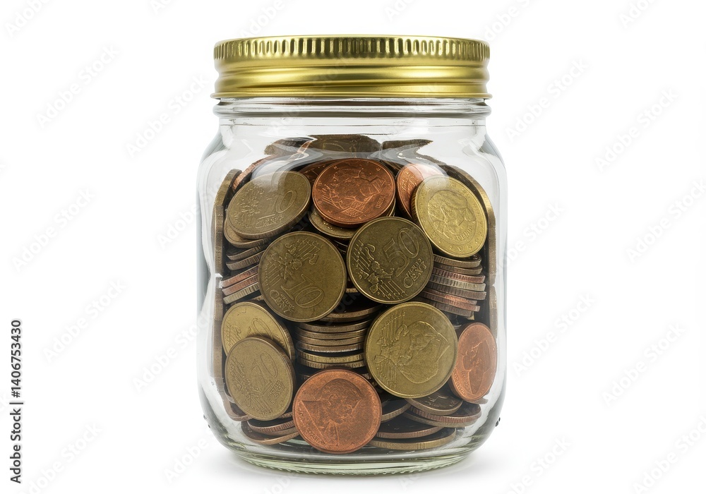 Glass jar filled with assorted metal coins isolated on white background Glass jar filled with assorted metal coins isolated on white background