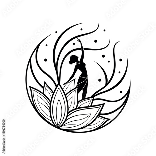 Silhouette of a Woman Dancing Within a Lotus Flower Design