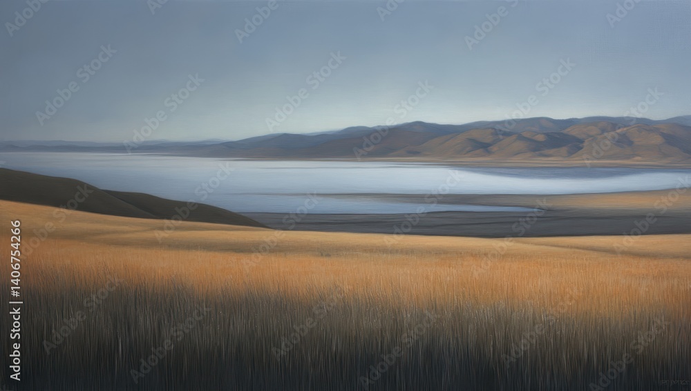 Fototapeta premium Vast landscape of golden field and lake