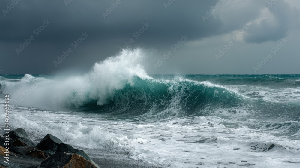 Turbulent ocean waves surge towards a rocky beach, their foamy crests highlighted against a moody, overcast sky. The scene captures nature's raw intensity and beauty Turbulent ocean waves surge towards a rocky beach, their foamy crests highlighted against a moody, overcast sky. The scene captures nature's raw intensity and beauty