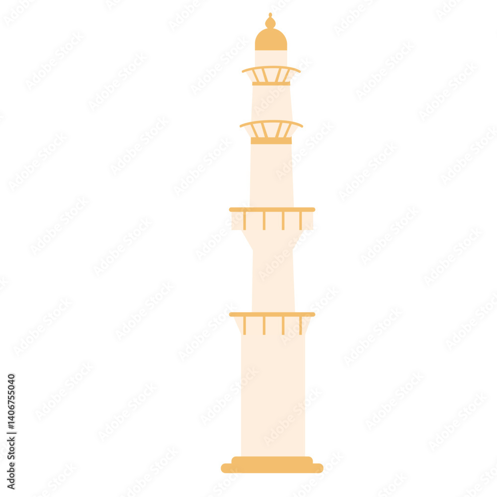 A flat vector illustration of a tall, narrow minaret, typically found as part of a mosque. This structure is traditionally used to issue the call to prayer in Islamic culture. A flat vector illustration of a tall, narrow minaret, typically found as part of a mosque. This structure is traditionally used to issue the call to prayer in Islamic culture.