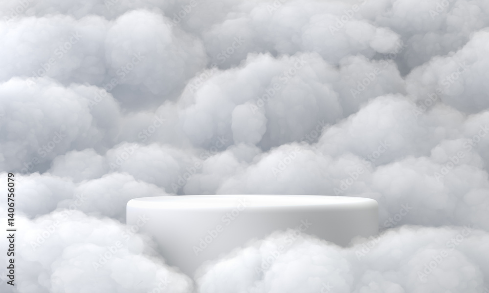 Surreal 3D render white podium amid clouds In center of screen