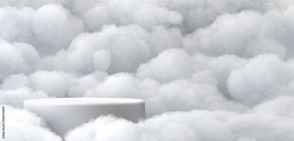 Surreal 3D render white podium amid white clouds In left side of screen