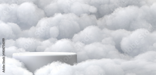 Obraz na płótnie Surreal 3D render white podium amid white clouds In left side of screen w salonie