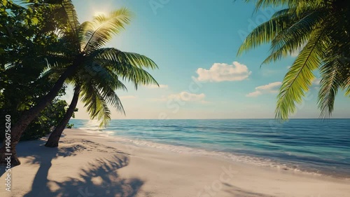 Serene Tropical Beach View with Palm Trees, White Sand, and Turquoise Ocean Water