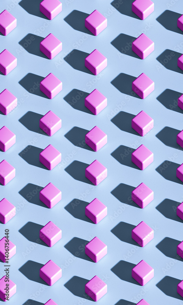 Minimalist geometric pattern with purple subes and shadows on blue flor pattern 3d render