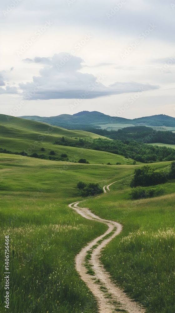 Fototapeta premium Winding dirt road through lush green hills under a cloudy sky.